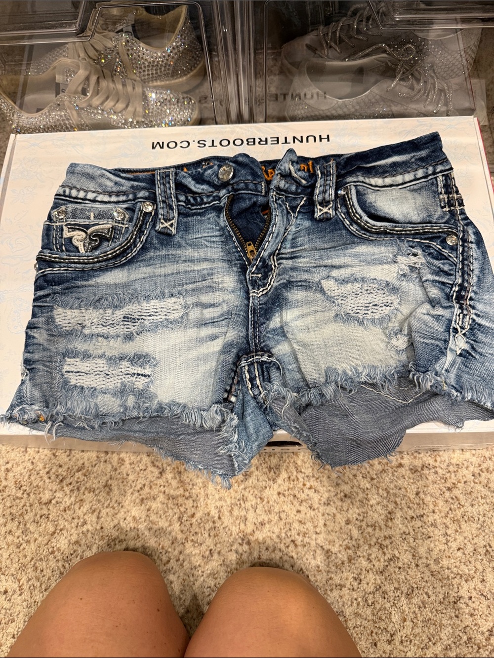 Rock Revival Blue Distressed Embroidered Denim Shorts - Picture 2 of 6